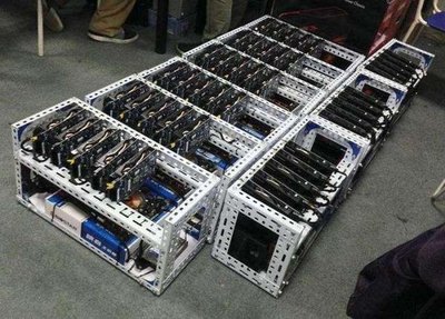 A sprawling mining farm with rows of Bitcoin and Ethereum mining rigs